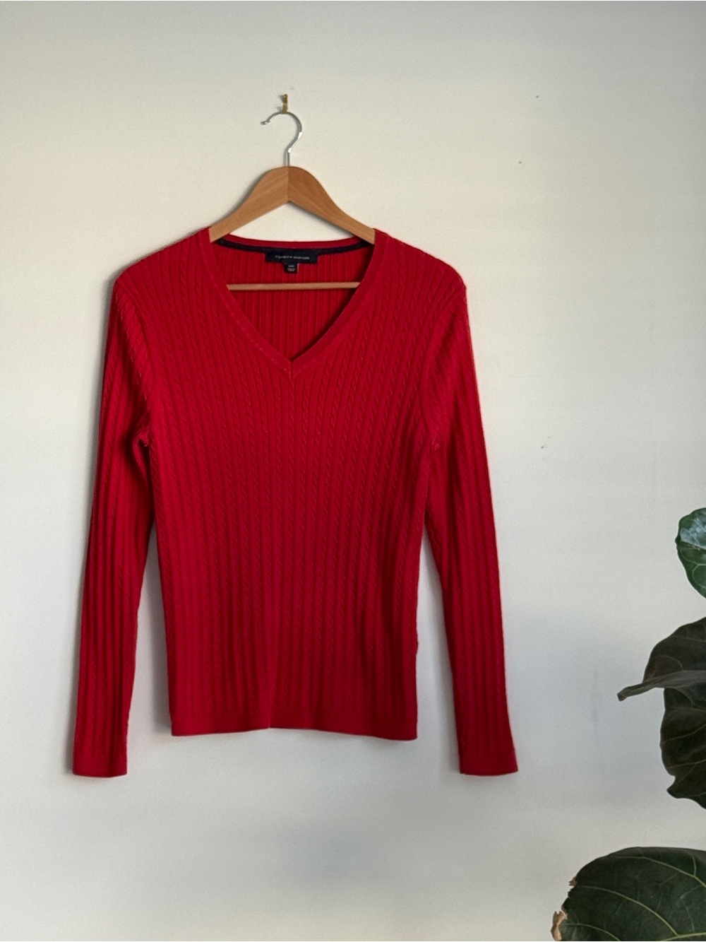 Tommy Hilfiger Red Cable-Knit V-Neck Sweater